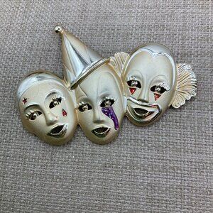 AJC Vintage Triple Clowns Jester Circus Gold Tone Brooch Pin